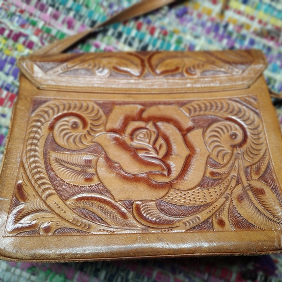 Vintage Handmade Mexican Handbag Western Tooled Leather Purse - Picture 4 of 13